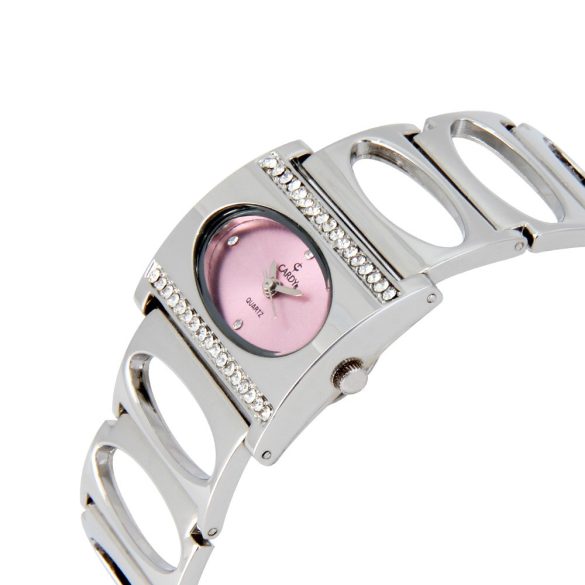 Cardy női karóra, ezüst színű tok kő díszítéssel, ezüst színű fémcsat, rózsaszín színű számlap, quartz szerkezet, cseppmentes vízállóság