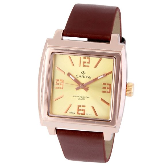 Cardy férfi karóra, rózsaarany színű fémtok, barna színű szíj, arany színű számlap, quartz szerkezet, cseppmentes vízállóság