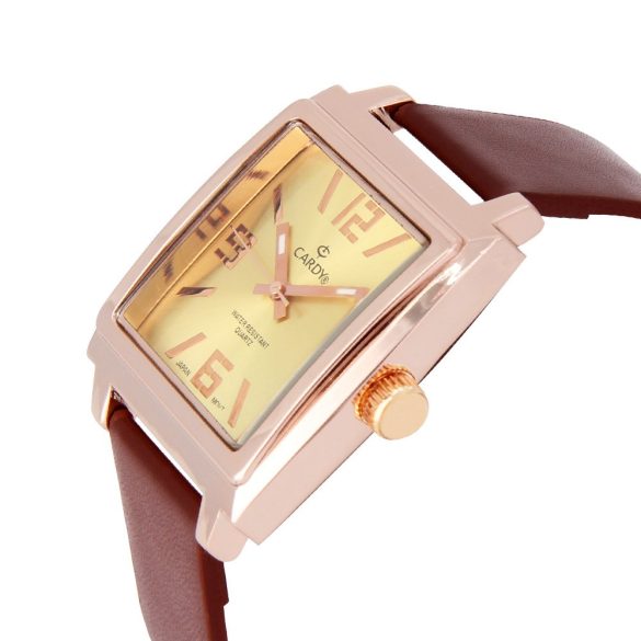 Cardy férfi karóra, rózsaarany színű fémtok, barna színű szíj, arany színű számlap, quartz szerkezet, cseppmentes vízállóság