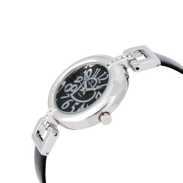 Cardy női karóra, ezüst színű tok kő díszítéssel, fekete szíj, fekete számlap, quartz szerkezet, cseppmentes vízállóság