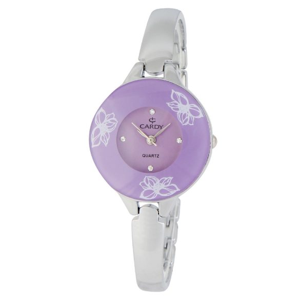 Cardy női karóra, ezüst színű tok, ezüst színű fémcsat, lila színű számlap, quartz szerkezet, cseppmentes vízállóság