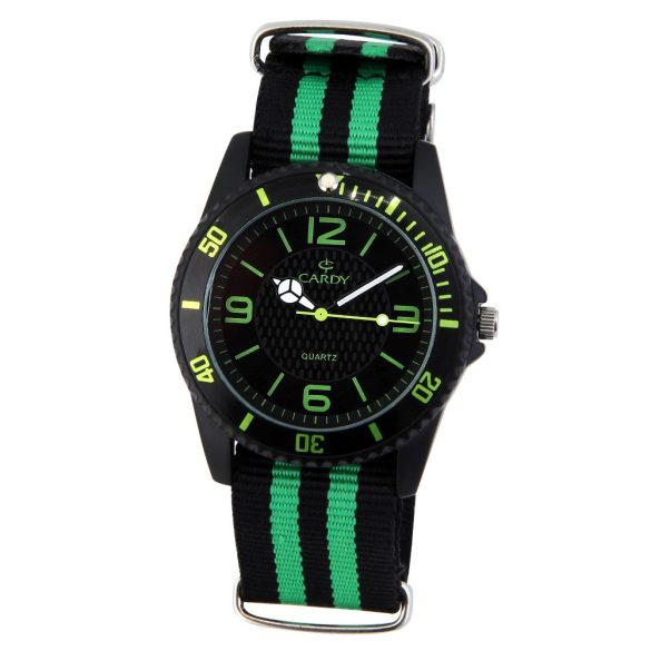 Cardy férfi karóra, fekete színű fém tok, fekete/zöld színű textilszövet szíj, fekete színű számlap, quartz szerkezet, cseppmentes vízállóság