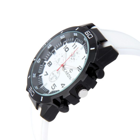 Cardy férfi karóra, fekete színű fémtok, fehér kaucsuk szíj, fehér színű számlap, quartz szerkezet, cseppmentes vízállóság