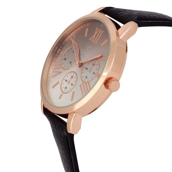 Cardy női karóra, rózsaarany színű fémtok, fekete színű szíj, ezüst színű számlap, quartz szerkezet, cseppmentes vízállóság