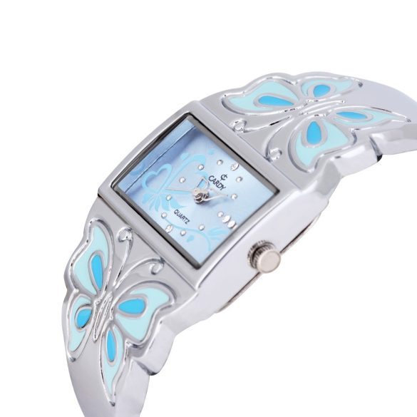 Cardy női ékszeróra, ezüst színű fémtok, pillangós díszítésű ezüst / kék színű fémcsat, kék színű számlap, quartz szerkezet, cseppmentes vízállóság