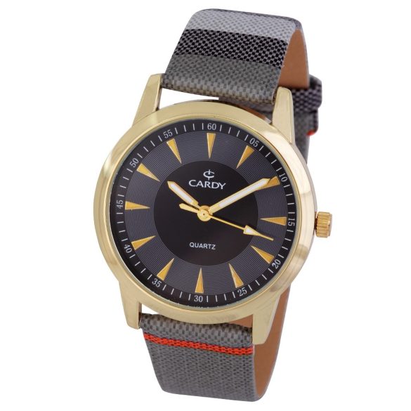 Cardy női karóra, arany színű fémtok, mintás textilhatású szíj, fekete / szürke számlap, quartz szerkezet, cseppmentes vízállóság