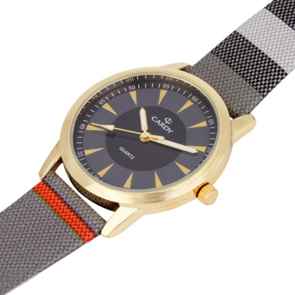 Cardy női karóra, arany színű fémtok, mintás textilhatású szíj, fekete / szürke számlap, quartz szerkezet, cseppmentes vízállóság