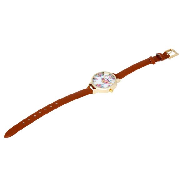 Cardy női karóra, arany színű fémtok, barna színű szíj, virágos mintás számlap, quartz szerkezet, cseppmentes vízállóság