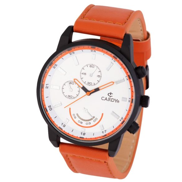 Cardy férfi karóra, fekete színű fémtok, barna színű szíj, fehér számlap, quartz szerkezet, cseppmentes vízállóság