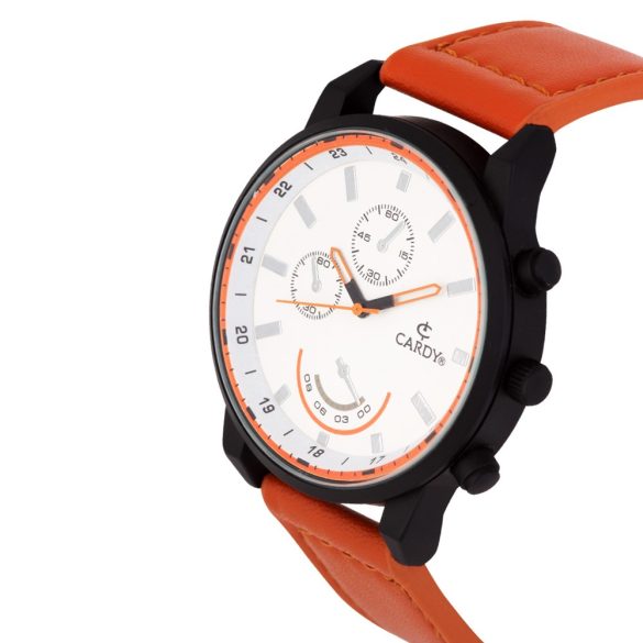 Cardy férfi karóra, fekete színű fémtok, barna színű szíj, fehér számlap, quartz szerkezet, cseppmentes vízállóság