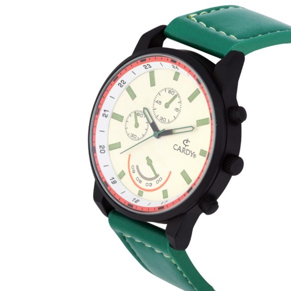 Cardy férfi karóra, fekete színű fémtok, zöld színű szíj, fehér színű számlap, quartz szerkezet, cseppmentes vízállóság