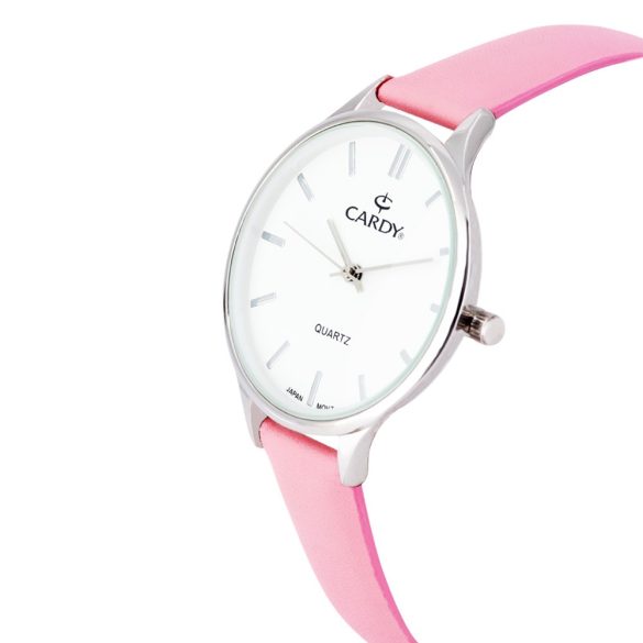 Cardy női karóra, ezüst színű fémtok, rózsaszínű szíj, fehér számlap, quartz szerkezet, cseppmentes vízállóság
