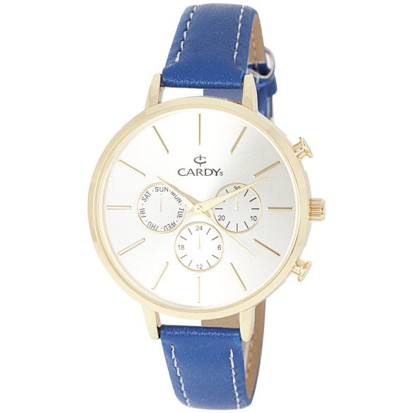 Ceas damă CARDY, mecanism quartz, carcasă aurie, curea albastră, cadran galben