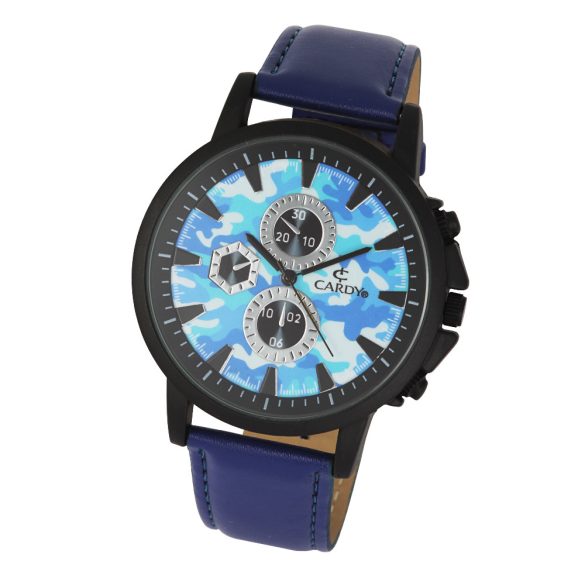 Ceas bărbătesc CARDY, mecanism quartz, carcasă neagră, curea albastră, cadran albastru în stil de camuflaj