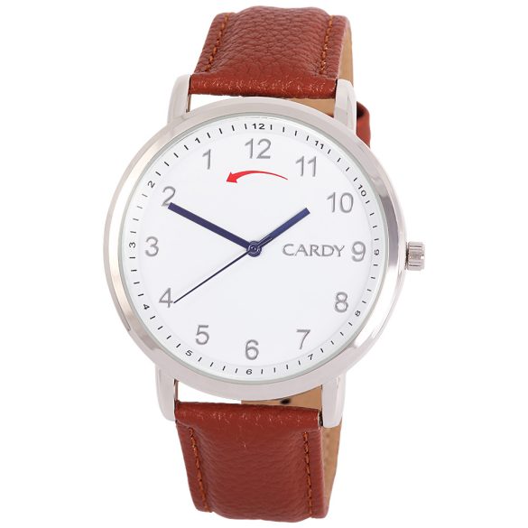 Ceas de bărbați CARDY, SENS INVERSAT, mecanism quartz, carcasă argintie, curea maro, cadran alb