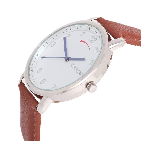 Ceas de bărbați CARDY, SENS INVERSAT, mecanism quartz, carcasă argintie, curea maro, cadran alb