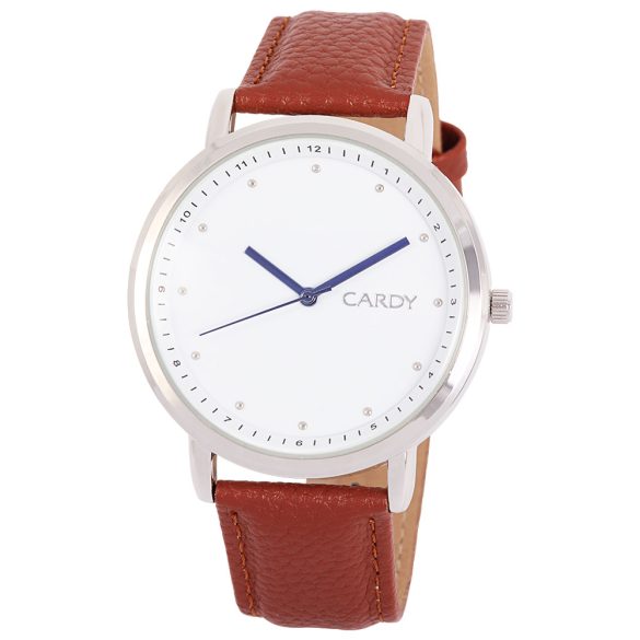 Ceas de bărbați CARDY, mecanism quartz, carcasă argintie, curea maro, cadran alb