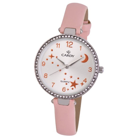 Cardy női karóra, ezüst színű fémtok, rózsaszín színű szíj, ezüst színű számlap, quartz szerkezet, cseppmentes vízállóság