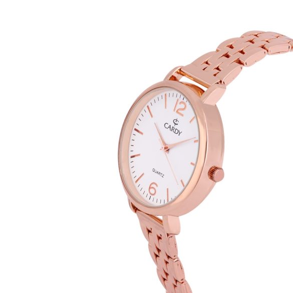 Cardy női karóra, rózsaarany színű fémtok, rózsaarany színű acél karcsat, fehér színű számlap, quartz szerkezet, cseppmentes vízállóság