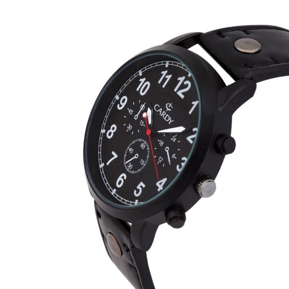 Cardy férfi karóra, fekete színű fémtok, fekete szíj, fekete számlap, quartz szerkezet, cseppmentes vízállóság