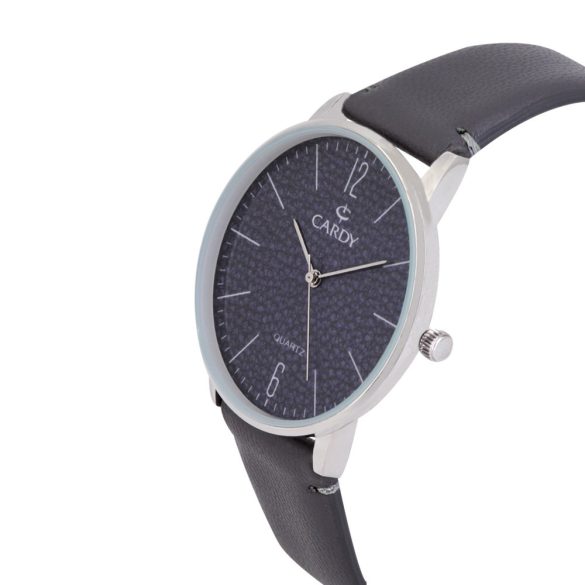 Cardy férfi karóra, ezüst színű fémtok, szürke szíj, szürke számlap, quartz szerkezet, cseppmentes vízállóság