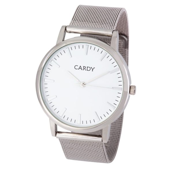 Cardy férfi karóra, ezüst színű fémtok, ezüst színű acél karcsat (mesh band), fehér számlap, quartz szerkezet, cseppmentes vízállóság