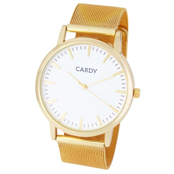 Cardy férfi karóra, arany színű fémtok, arany színű  acél csat (mesh band), fehér számlap, quartz szerkezet, cseppmentes vízállóság