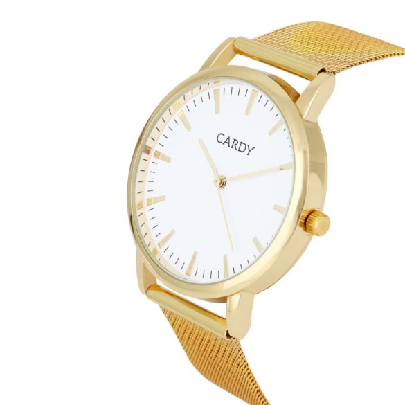 Cardy férfi karóra, arany színű fémtok, arany színű  acél csat (mesh band), fehér számlap, quartz szerkezet, cseppmentes vízállóság