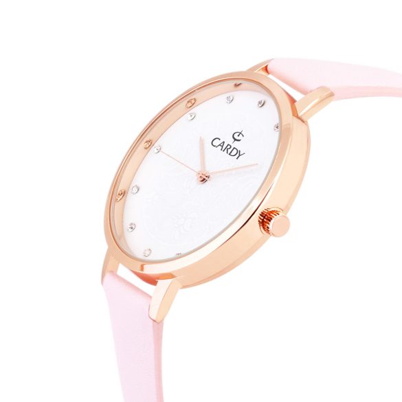 Cardy női szíjas karóra, quartz, rózsaarany színű tok, rózsaszín színű szíj, fehér számlap