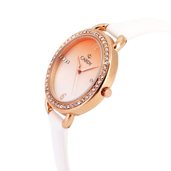 Cardy női szíjas karóra, quartz, rózsaarany színű tok,  fehér színű szíj, ezüst / rózsaarany átmenetes számlap