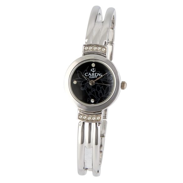 Cardy női ékszeróra, ezüst színű tok kő díszítéssel, ezüst színű fémcsat, fekete számlap, quartz szerkezet, cseppmentes vízállóság