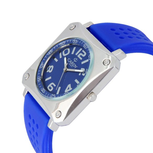 Cardy férfi karóra, ezüst színű fémtok, kék színű szilikon szíj, kék számlap, quartz szerkezet, cseppmentes vízállóság 