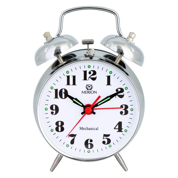 Merion fém ébresztőóra, mechanikus, ezüst színű tok, fehér arab számos számlap, 3.5^