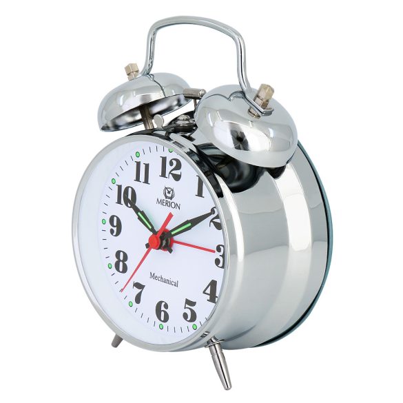 Merion fém ébresztőóra, mechanikus, ezüst színű tok, fehér arab számos számlap, 3.5^