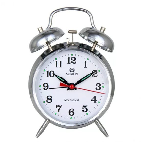 Ceas deșteptător metalic MERION, mecanism mecanic, culoare argintie