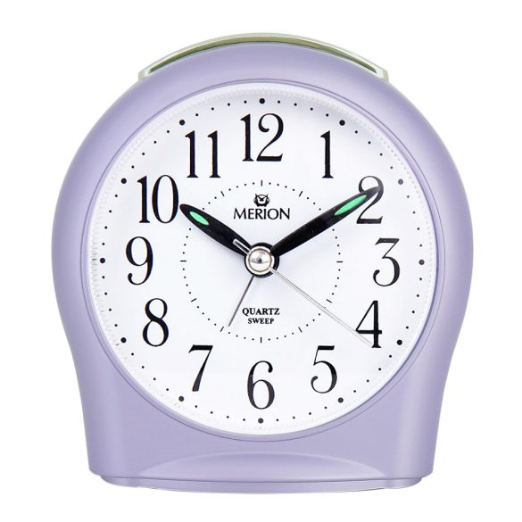 Merion ébresztőóra, quartz, lila színű műanyag tok, fehér arab számos számlap, sweep (halk járású) szerkezet