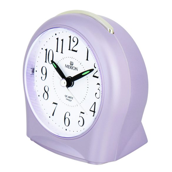 Merion ébresztőóra, quartz, lila színű műanyag tok, fehér arab számos számlap, sweep (halk járású) szerkezet
