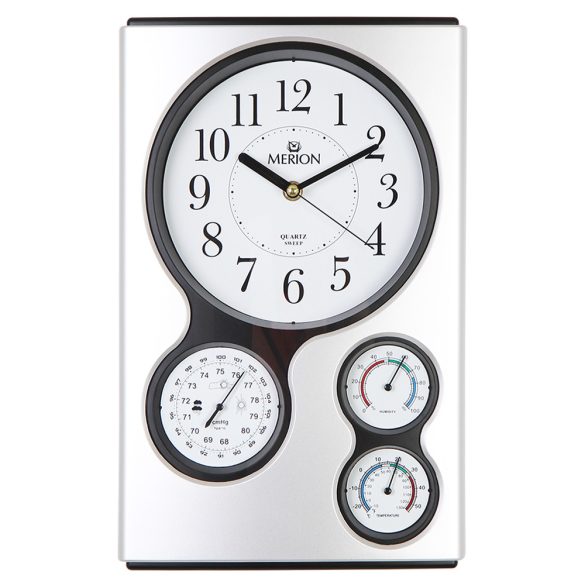Merion falióra, quartz, ezüst színű tok, sweep szerkezet, barometer, hőmérő, páratartalommérő