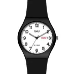   Q&Q karóra, fekete színű műanyag tok, fekete műanyag szíj, arab számos fehér számlap, ásványüveg, quartz szerkezet, 100 m (10 ATM) - A212J003Y