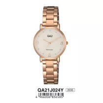   Q&Q női fémcsatos karóra, rózsaarany színű tok, rózsaarany színű szíj, fehér számlap, QA21J024Y