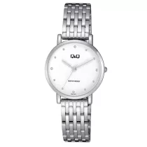   Q&Q női fémcsatos karóra, ezüst színű tok, ezüst színű szíj, fehér számlap, QA21J221Y