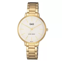   Q&Q női fémcsatos karóra, arany színű tok, arany színű szíj, fehér számlap, QB57J001Y