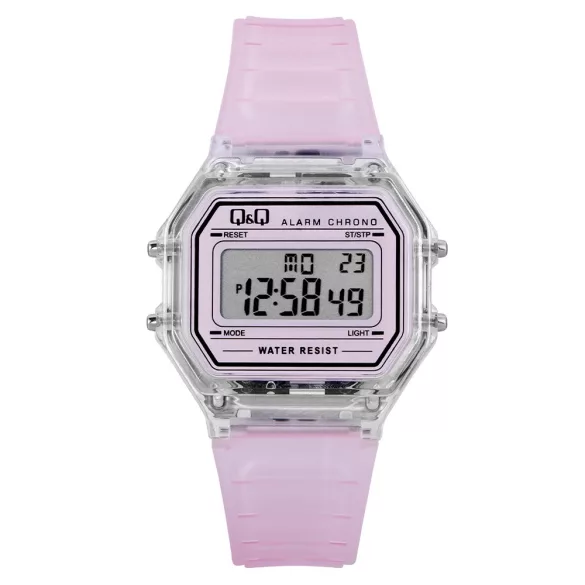 Q&Q női műanyag karóra, quartz/LCD, színtelen színű tok, rózsaszín szíj, M173J041Y