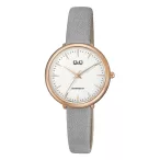   Q&Q női szíjas karóra, quartz, rózsaarany színű tok, szürke szíj, fehér számlap, QC35J101Y