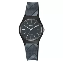   Q&Q női műanyag karóra, quartz, fekete színű tok, fekete és szürke szíj, fekete számlap, VS52J001Y