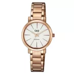   Q&Q analóg női karóra, rózsaarany színű fém tok, rózsaarany színű nemesacél csat, fehér számlap, ásványüveg, quartz szerkezet, cseppmentes vízállóság - Q893J001Y