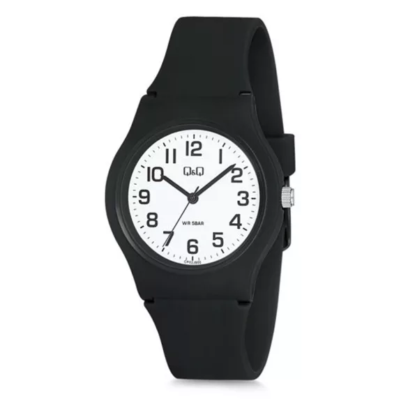 Q&Q analóg unisex karóra, fekete színű műanyag tok, fekete műanyag szíj, fehér számlap, ásványüveg, quartz szerkezet, 50 m (5 ATM) vízállóság - CP02J800Y