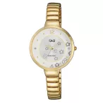  Q&Q analóg női karóra, arany színű fém tok, arany színű nemesacél csat, díszített számlap, ásványüveg, quartz szerkezet, cseppmentes vízállóság - F611J011Y