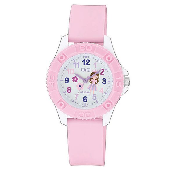 Q&Q analóg gyerek karóra, fehér színű műanyag tok, rózsaszínű műanyag szíj, fehér figurás számlap, ásványüveg, quartz szerkezet, 100 m (10 ATM) vízállóság - VQ96J027Y