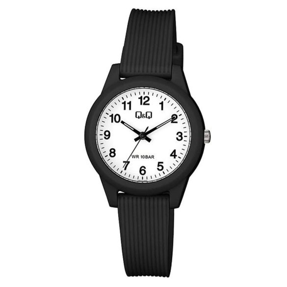 Q&Q analóg női karóra, fekete színű műanyag tok, fekete műanyag szíj, arab számos fehér számlap, ásványüveg, quartz szerkezet, 100 m (10 ATM) vízállóság - VS13J001Y